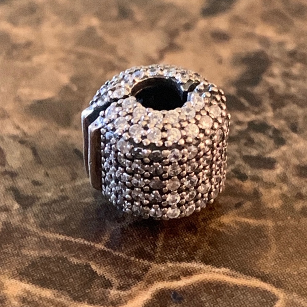 Authentic Pandora Pave Barrel Clip Charm S925 ALE Cubic Zirconia Sterling Silver